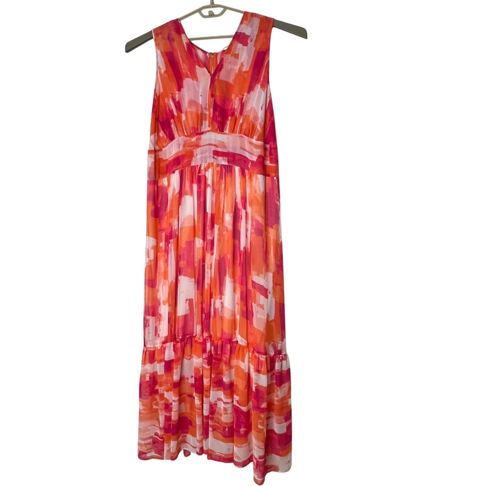Calvin Klein Maxi Dress Women 16W Chiffon Abstract Print Orange Pink NWT
